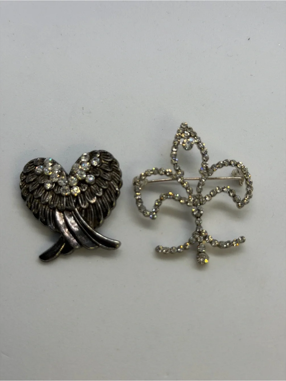 Silver-Tone Rhinestone Fleur-de-Lis and Heart Brooch Duo - Silver